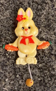 Vintage Easter Bunny Holding Carrots Pull String Toy Plastic Moving Pin - Picture 1 of 7
