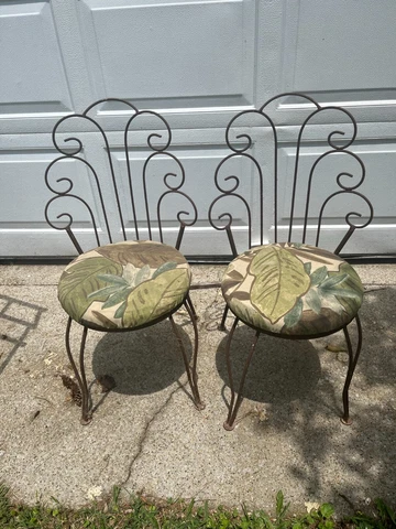 A Pair of Vintage Hollywood Regency Worked Metal Outdoor Garden Chairs Cover