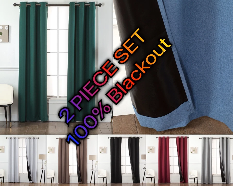 2-Piece Set - 100% Blackout Window Curtains - Black Back & Grommets - 4 SIZES!!! - Image 1 of 1