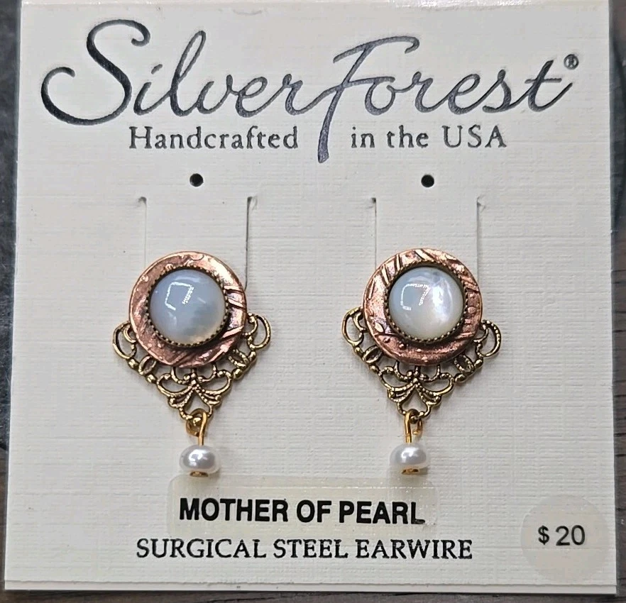 Silver Forest Earrings Mother Of Pearl Post & Pearl Dangle Beads Bronze Filagree - Image 1 of 4