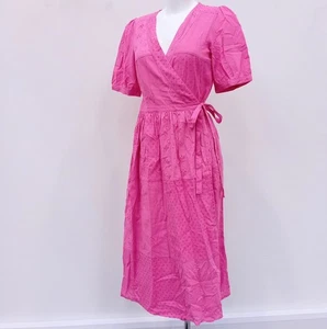White Stuff Wrap Dress Size 8 Womens Pink 100% Cotton Midi V-Neck FLT17-EP - Picture 1 of 13