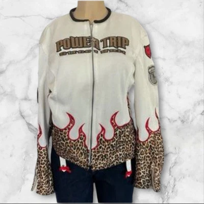 Power Trip Women's 2XL Padded Motorcycle Biker Jacket White Leopard Flames Print - Image 1 of 4