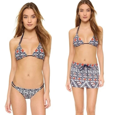 NUEVO CON ETIQUETAS $358 Talla S Tory Burch Acoma Triángulo Reversible Bikini y Falda de Natación JUEGO DE 3 PIEZAS Foto 1 de 4