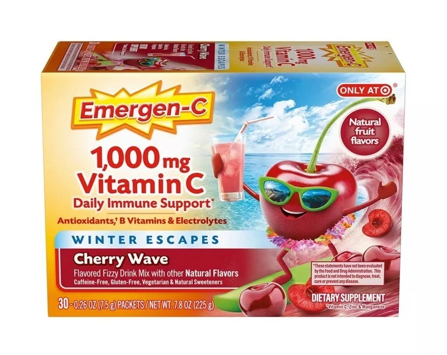 Polvo de vitamina C Emergen-C 1000 mg, sabor a onda de cereza, PACK DE 2 de 30 CT Foto 1 de 1