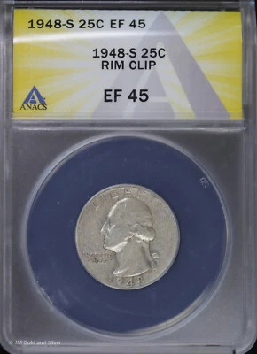 S 25c Washington Quarter 1948 ANACS EF 45 | Clip de llanta XF Foto 1 de 4