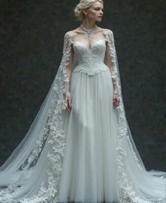 Glamorous Elf Boho Wedding Dress With Cape Lace Bohemian Mysterious Bride Dress - Image 1 of 4