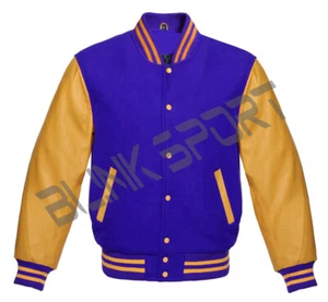 Letterman Varsity Bomber Royal Blue Wool Body Gold Leather Sleeves jacket Unisex - Picture 1 of 3