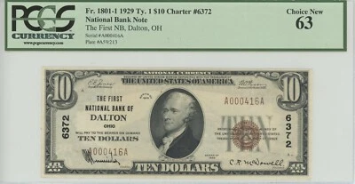 1929 type 1 $10 First NB Dalton, OH Fr. 1801-1 Ch#6372 PCGS 63 - Image 1 of 2