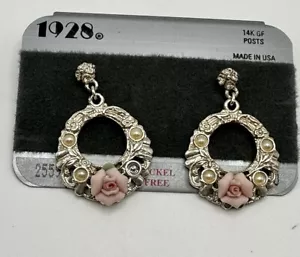 Vintage 1928 BRAND Pink Porcelain Rose 14k Gold Post Drop Dangle Earrings NOS - Picture 1 of 3