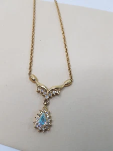 Roman Fashion Necklace Blue Opal Rhinestones Gold Tone Delicate Tear Drop - Picture 1 of 5