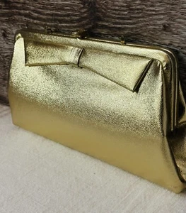 Vintage Gold Clutch Bow Purse MCM Handbag Retro Evening 60s - Picture 1 of 9