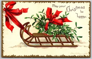 Postcard May Your Christmas Be Happy Clapsaddle A/S Mistletoe on Sled Red Bows - Picture 1 of 2