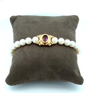 Estate 14k Yellow Gold Single Strand 5MM Pearl Bracelet Bezel Set Color Stone - Picture 1 of 7