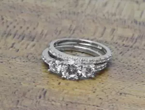 1.50Ct White Round Three Stone Engagement Wedding Ring Set 925 Sterling Silver - Picture 1 of 3
