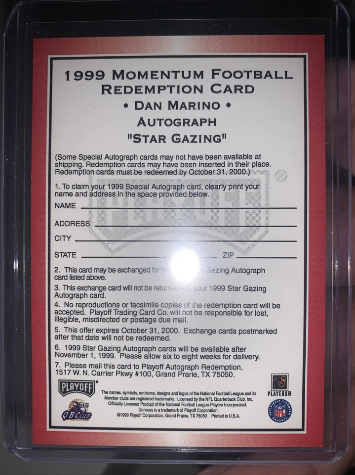 1999 DAN MARINO АВТО НЕИСПОЛЬЗОВАННЫЙ ВЫКУП ПЛЕЙ-ОФФ ИМПУЛЬС ЗВЕЗДА СОЗЕРЦАНИЕ РЕДКАЯ - Изображение 1 из 1