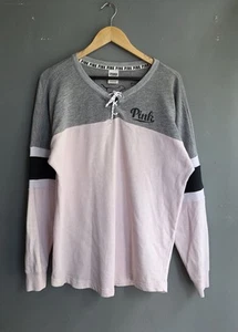 Victoria’s Secret Pink Lace-Up Varsity Top Grey Pink M UK 10–12 Y2K Sporty Style - Picture 1 of 10