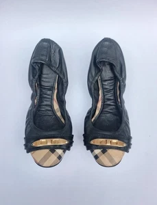 BURBERRY Black Leather Cap-Toe Scrunch Ballerina Flats Size EU 38 - US 8 - Picture 1 of 15