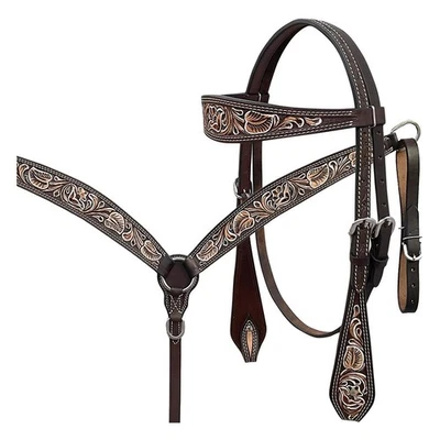 Leather Headstall & Breast Collar with Western Floral Tooled Design - Image 1 of 4