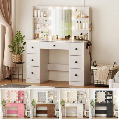 Juego de tocador de maquillaje grande espejo iluminado LED tocador escritorio con cajón Foto 1 de 4