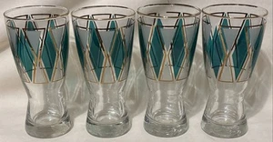 Libbey Emerald Blue & Gold Diamond Pilsner Glasses - Set of 4 - MCM Vintage - Picture 1 of 4