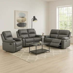 Manual Recliner Sofa Suite Faux Leather - Charcoal Grey - Picture 1 of 11
