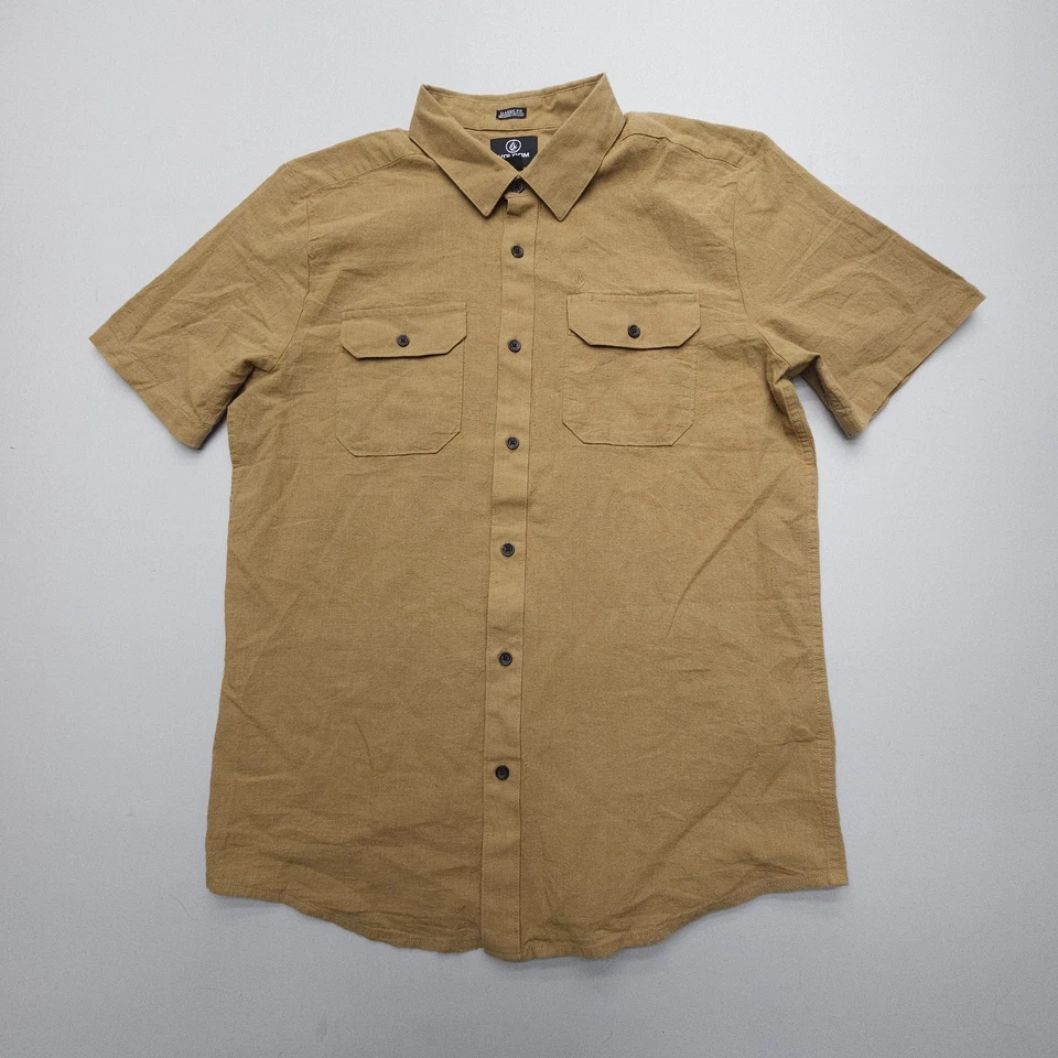 Volcom Classic Fit Button Up Mens Medium Brown Cotton Linen Woven Surf Skate - Image 1 of 4
