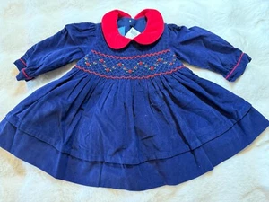 Anavini Girl Hand Smocked Embroidered Dress 3mo Blue Corduroy NWT Read - Picture 1 of 5
