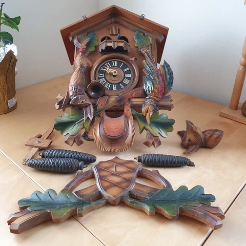 German Black Forest Painted Carved Wood Cuckoo Hunter Clock Cover