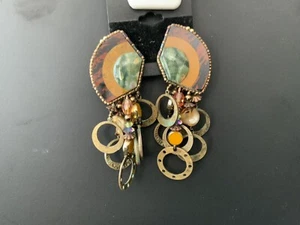 CHIPITA ONYX & JASPER MIXED METAL CLIP ON DROP DANGLE EARRINGS BEAUTIFUL 3 Inche - Picture 1 of 3
