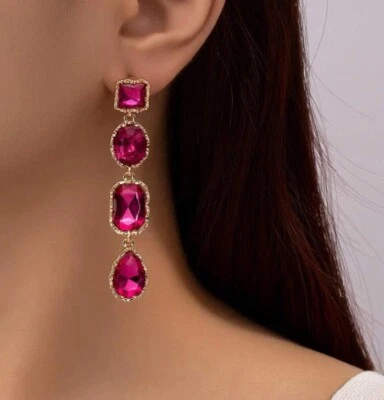 "Pendientes fucsia largos de oro rosa intenso diamantes de imitación colgantes de cristal pendientes de graduación 2,6""" Foto 1 de 4