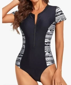Womens Size Small One Piece Swimsuit Black & White Tribal Print Zip-Front Beach - Picture 1 of 11