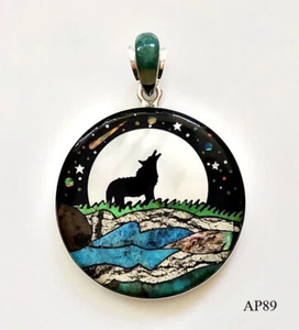 HOWLING CAYOTE CELESTIAL TURQUOISE ONYX INLAY .925 SILVER MEDALLION PENDANT - Picture 1 of 4