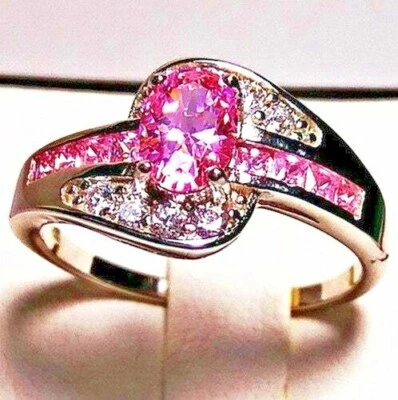 Ring; 18K White Gold 2Ct Cultured Pink Zircon w Chips 925 Sterling Silver  Sz 6 - Image 1 of 4