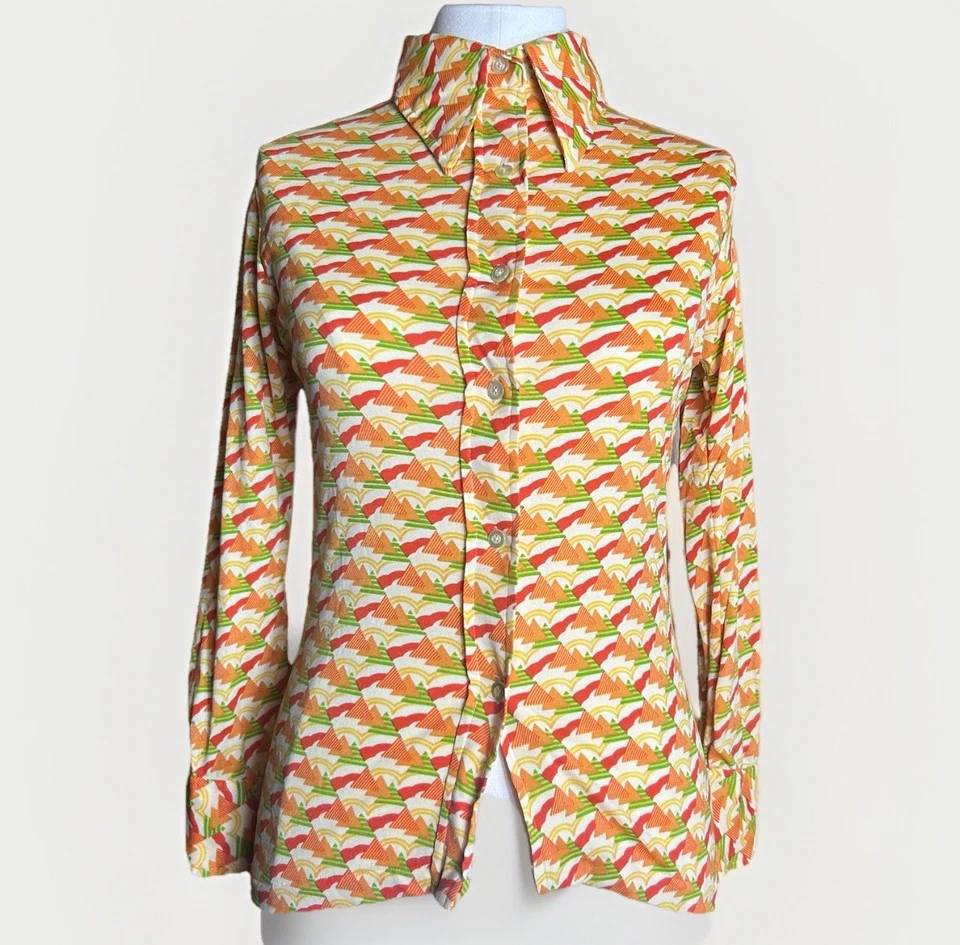 Camisa vintage años 70 naranja abotonada para mujer XS geométrica poliéster cuello en punta Foto 1 de 4