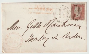 1854 BIRMINGHAM SIDEWAYS DUPLEX & PART GREAT BARR PENNY POST RED FRAMED WARKS - Picture 1 of 3