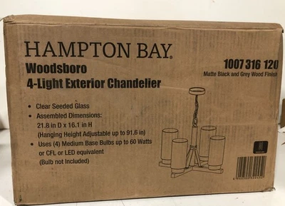 Hampton Bay Woodsboro 4-Light Matte Black With Grey Wood Chandelier Seeded Glass - Image 1 of 3