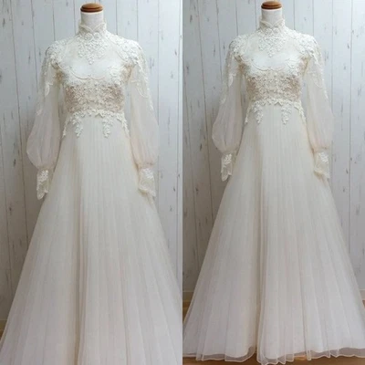 Vintage Wedding Dresses Lace Appliques High Neck Long Sleeves Retro Bridal Gowns - Image 1 of 4