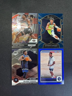 (4) Anthony Edwards Prizm RC Select Blue Mosaic Rookie NBA Debut Hoops Blue - Image 1 of 2