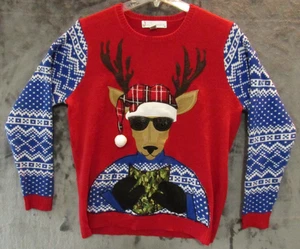 Jolly Sweaters Reindeer Ugly Christmas Sweater L Large Camo Pocket Red Plaid - Picture 1 of 8
