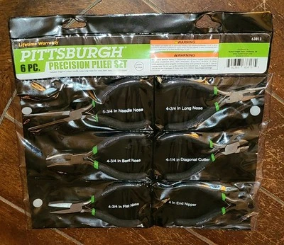 6pc PITTSBURGH Precision Pliers Set: Needle/Bent/Long/Cutter/Nipper/Flat #63813 - Image 1 of 2