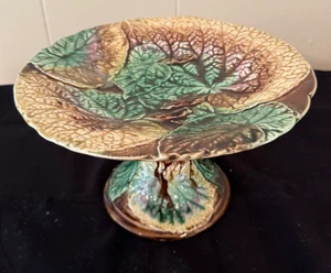 ANT Majolica Begonia Leaf Footed Pedestal Compote Dish Cake Stand Rare 19th C. - Picture 1 of 14