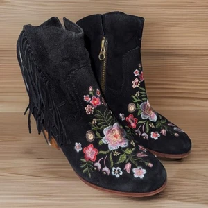 SAM EDELMAN Women’s Black Floral Embroidered Suede Bootie Boot Fringe Zip Size 6 - Picture 1 of 6