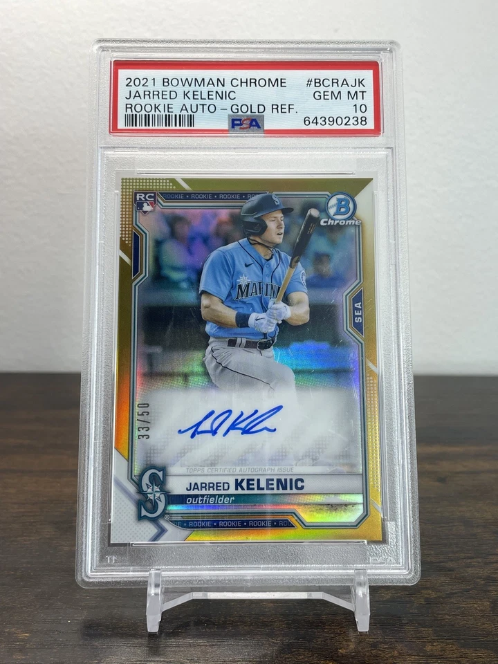 Jarred Kelenic 2021 Bowman Chrome Gold Refractor RC Auto /50 PSA 10 GEM MINT - Image 1 of 2