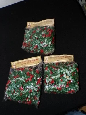 3 Christmas Garland Vintage Plastic Holly Berry White Tip NOS [sa511] - Image 1 of 4