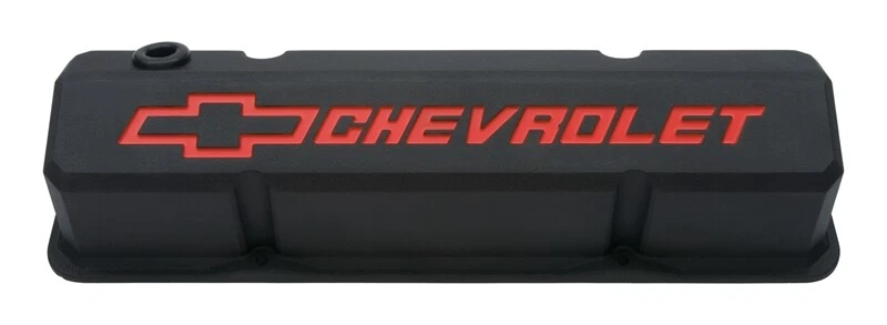 GM Performance 141-928 SBC Black Slant-Edge Valve Covers, Tall, Red Bowtie / Che - Image 1 of 1
