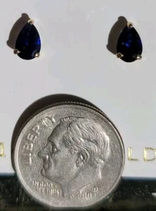 Sapphire Labcreated Pear Cut Stud Earrings 14kt Solid Yellow Gold  - Picture 1 of 12