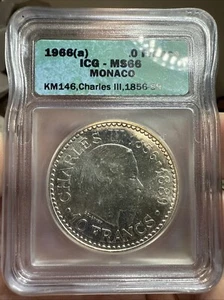 1966 MONACO SILVER 10 FRANCS CHARLES III ANNIVERSARY ICG MS66 - Picture 1 of 5