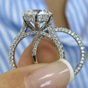 4 TCW Round Cut Moissanite Bridal Set Engagement Ring 14K White Gold Plated - Picture 1 of 11