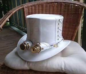 AUSTRALIAN HAND CRAFTED WHITE LEATHER / SNAKE PRINT LEATHER STEAMPUNK TOP HAT - Picture 1 of 3