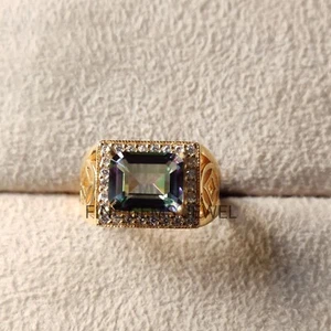 Natural Mystic Topaz Gemstone Men Jewelry 925 Silver Men With Gold Rhodium Ring - Picture 1 of 6